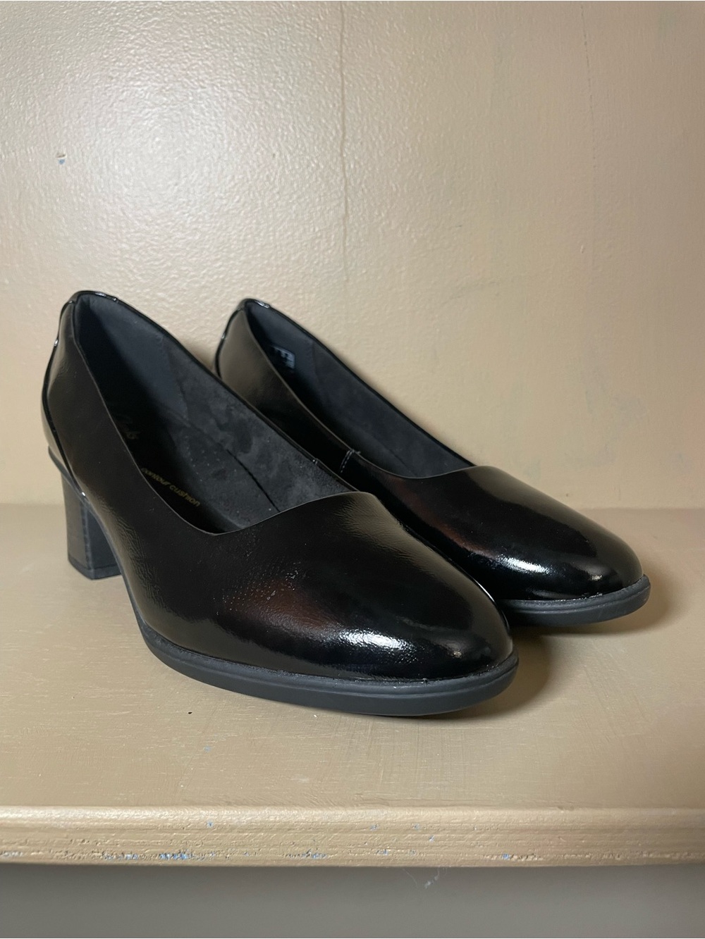 Clarks Black Patent Block Heel Pumps